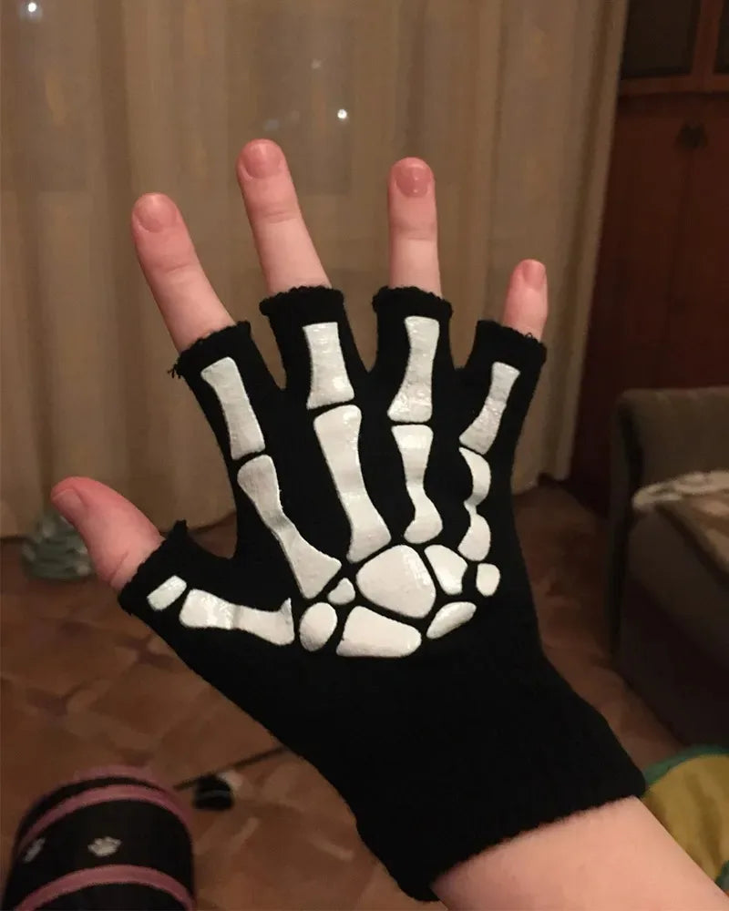 Punk Gloves Unisex Halloween Skeleton Skull Half Finger