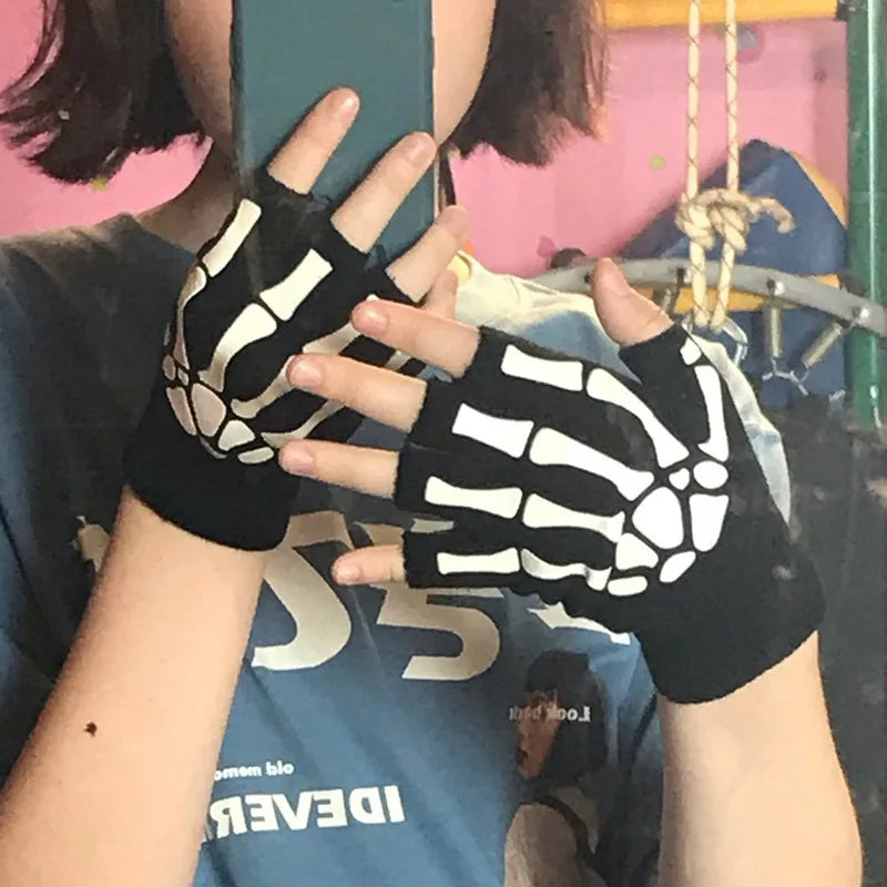 Punk Gloves Unisex Halloween Skeleton Skull Half Finger