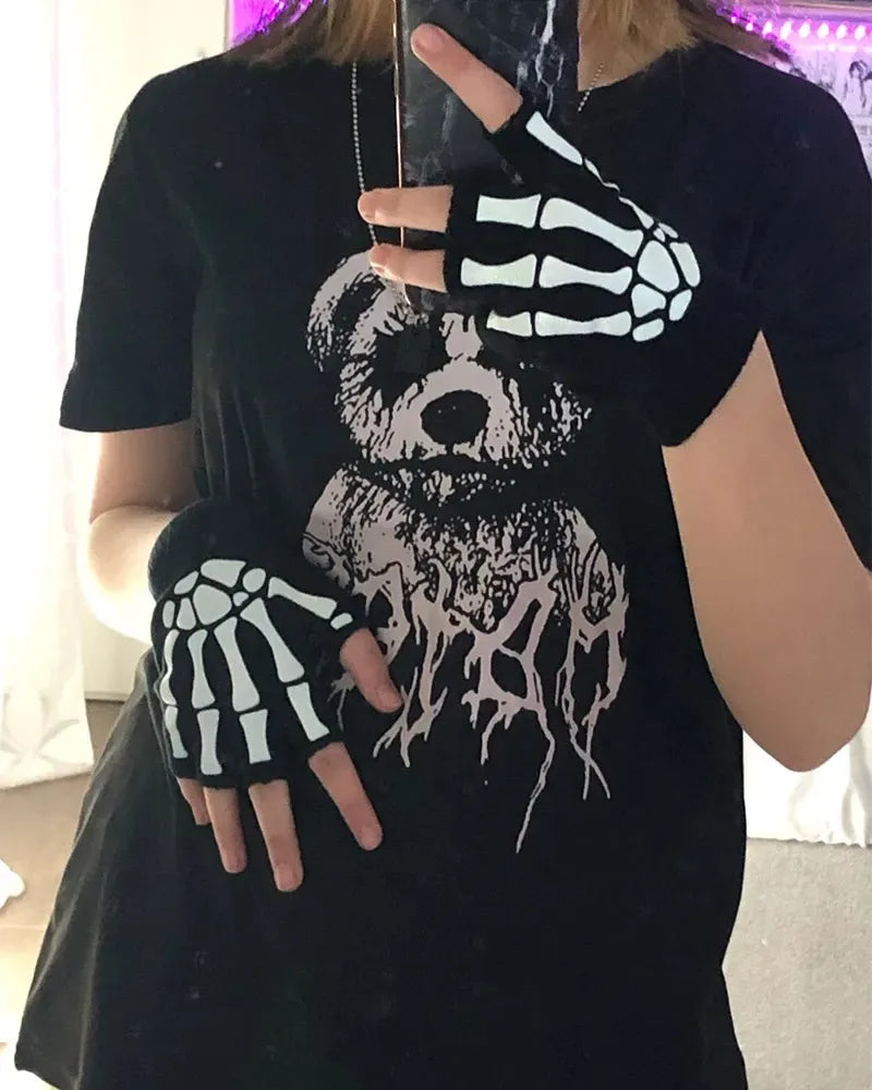 Punk Gloves Unisex Halloween Skeleton Skull Half Finger