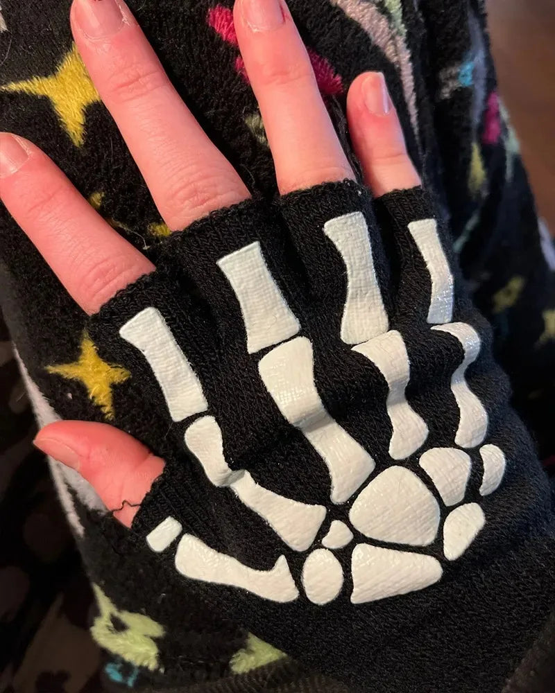 Punk Gloves Unisex Halloween Skeleton Skull Half Finger