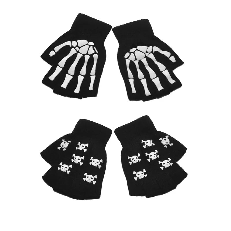 Punk Gloves Unisex Halloween Skeleton Skull Half Finger