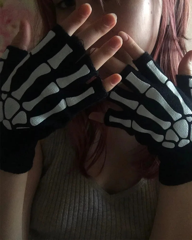 Punk Gloves Unisex Halloween Skeleton Skull Half Finger